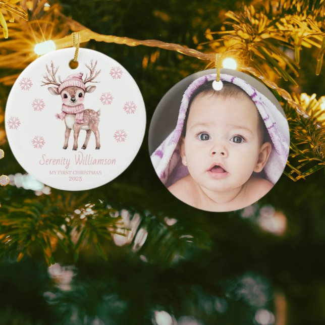 Adorno De Cerámica Babys 1st Christmas Photo Pink Snowflakes Woodland (Subido por el creador)
