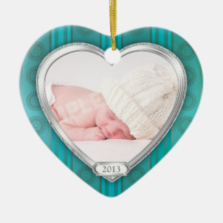 Adorno De Cerámica Babys First Christmas Aqua Silver Photo Xmas