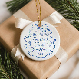Adorno De Cerámica Babys First Christmas Blue Ribbon Whimsical Doodle