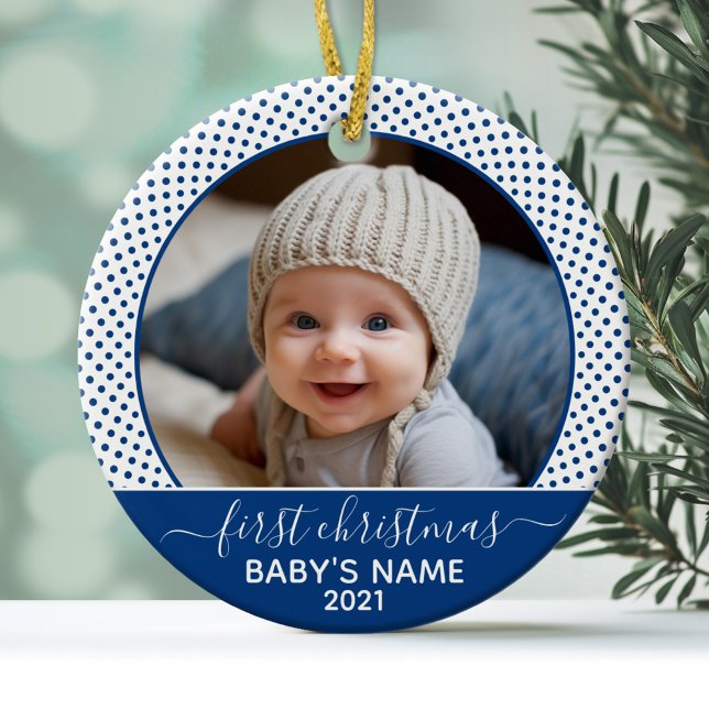 Adorno De Cerámica Babys First Christmas - Blue White Polka Dots (Personalized Photo Ornament - Baby's First Christmas)