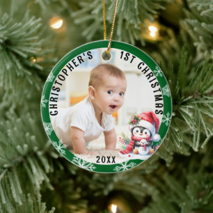 Adorno De Cerámica Babys First Christmas Cute Penguin Photo