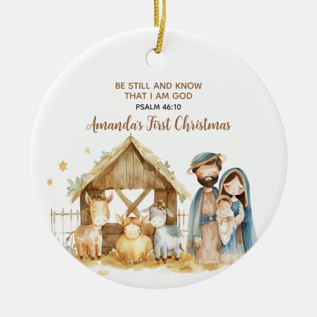 Adorno De Cerámica Baby's First Christmas Nativity Animal Bible Verse (Frente)