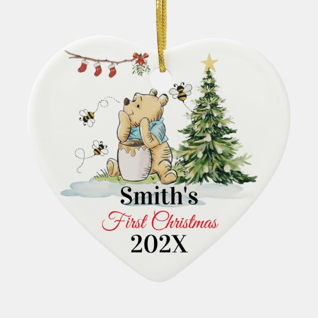 Adorno De Cerámica Baby's First Christmas Ornament | Bear & Bees Cust (Frente)
