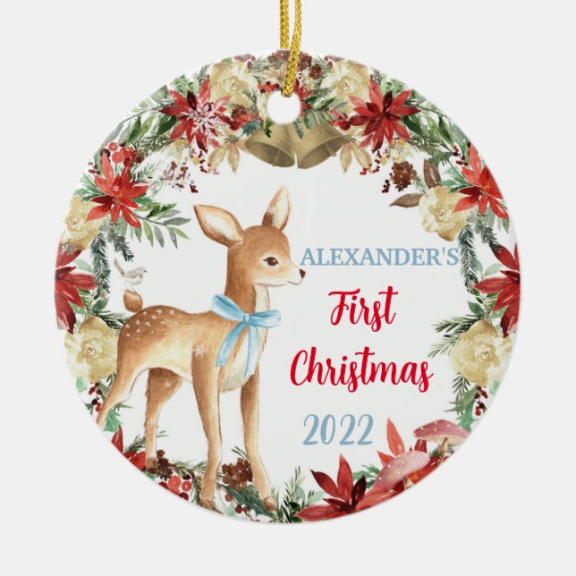 Adorno De Cerámica Babys First Christmas Ornament Boy Deer (Frente)