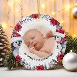 Adorno De Cerámica Babys First Christmas Penguin Photo<br><div class="desc">Ornamento de navidad de Babys con una foto de tu hijo a cada lado,  una elegante acuarela bebé pingüinos & flores,  el nombre de los niños y el año.</div>