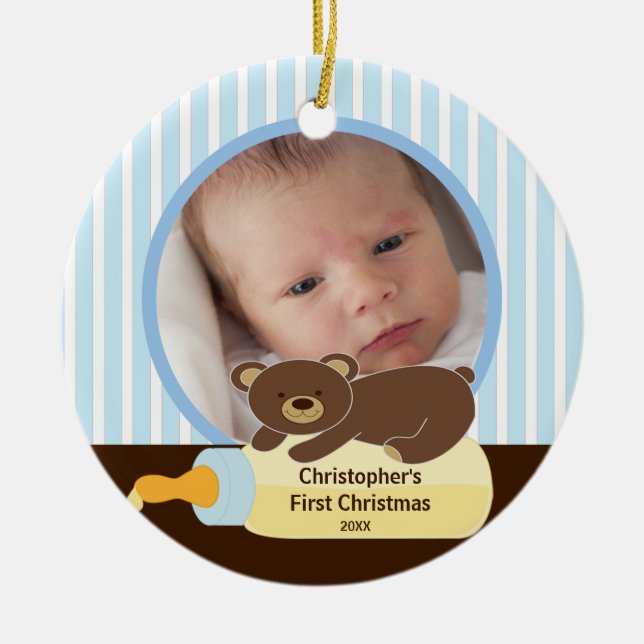 Adorno De Cerámica Babys First Christmas Photo Ornamear Bear (Frente)
