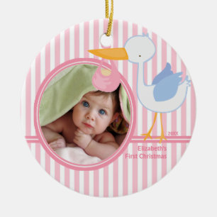 Adorno De Cerámica Babys First Christmas Photo Ornament Stork chica