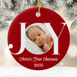 Adorno De Cerámica Baby's First Christmas Photo Red