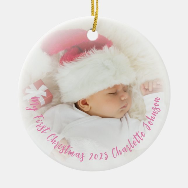 Adorno De Cerámica Babys First Christmas Pink Photo Overlay Ornament (Frente)