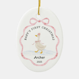 Adorno De Cerámica Babys First Christmas Pink Watercolor Ribbon Goose