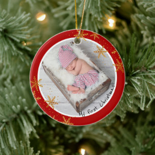 Adorno De Cerámica Babys First Christmas Red Gold Snowflakes Photo