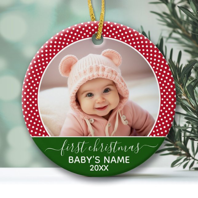 Adorno De Cerámica Babys First Christmas - Red Polka Dots (Baby's First Christmas Photo Ornament - Red and Green)