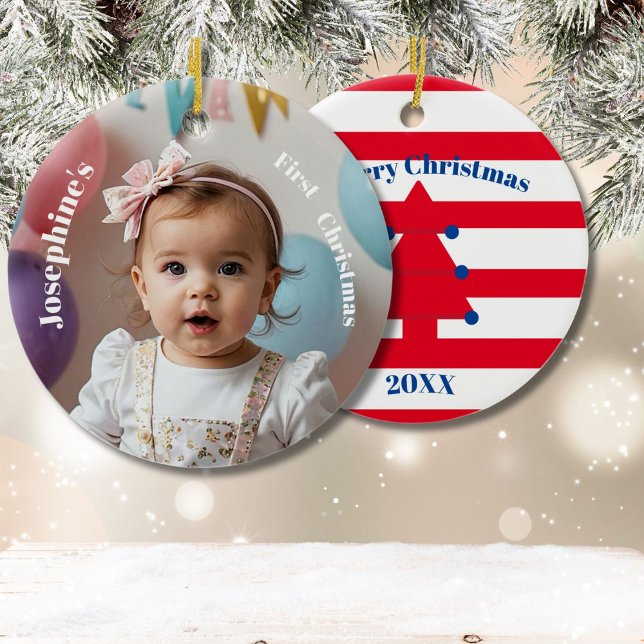 Adorno De Cerámica Babys First Christmas Tree Photo Red Blue White (Subido por el creador)