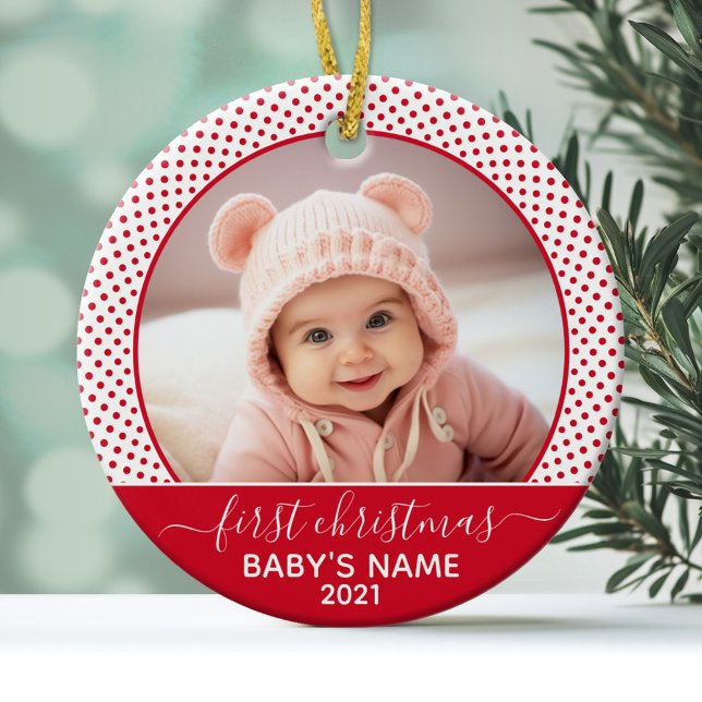 Adorno De Cerámica Babys First Christmas - White Polka Dots (Personalized Photo Ornament - Baby's First Christmas)