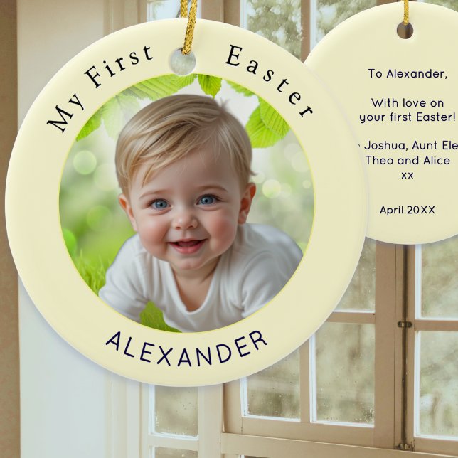Adorno De Cerámica Baby's First Easter Elegant Photo Keepsake Yellow (A decorative ornament for baby's first Easter, with custom photo, name, and a message on the back)