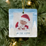 Adorno De Cerámica Baby's First Winter | Christmas Photo<br><div class="desc">Thinking of what to hang in your Christmas tree this year? How about a First Winter or a First Christmas photo ornament of your baby, children, or grandchildren? The front side of this ornament features a square template to display the photo and a Christmas winter landscape background with pine trees...</div>