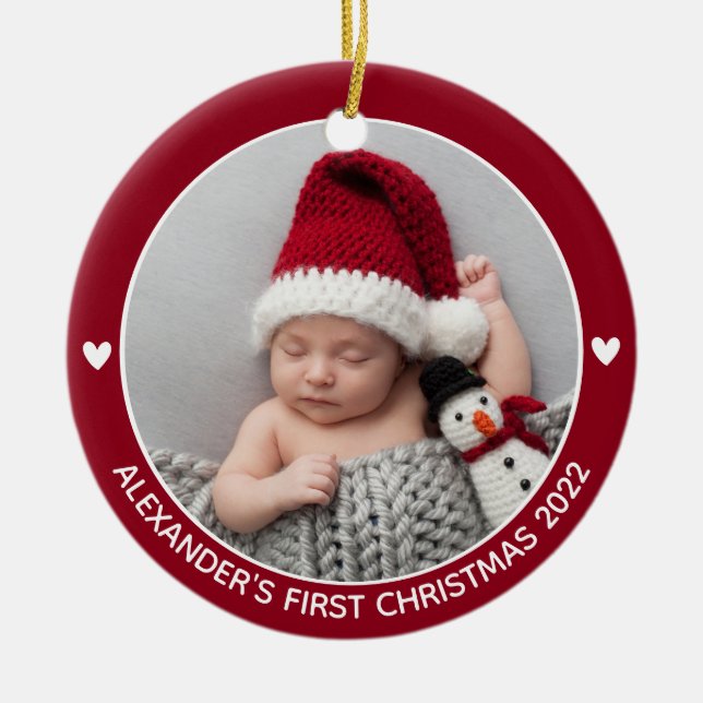 Adorno De Cerámica Babys personalizados primer nombre de foto navideñ (Frente)