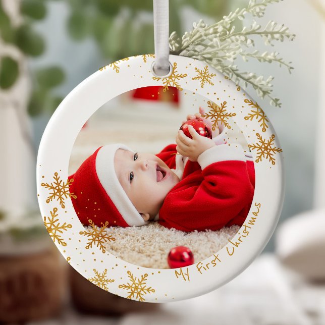 Adorno De Cerámica Babys primera Navidad White Gold Copos de nieve fo (Baby first christmas keepsake ornament with photo)