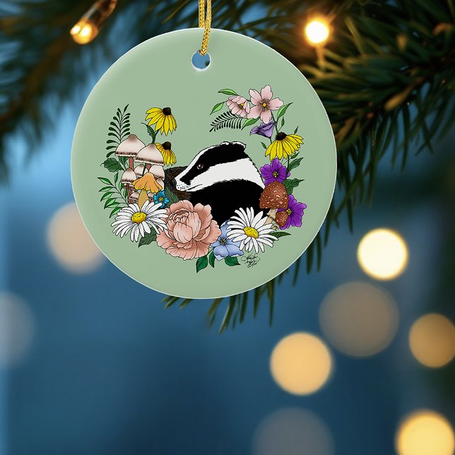 Adorno De Cerámica Badger Wild Flowers Mushrooms Green (Subido por el creador)