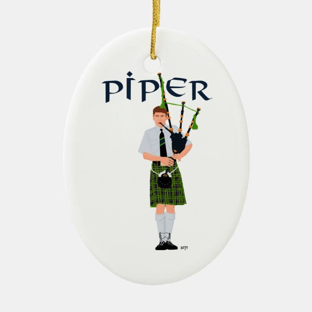 Adorno De Cerámica Bagpiper - Green Kilt (Frente)
