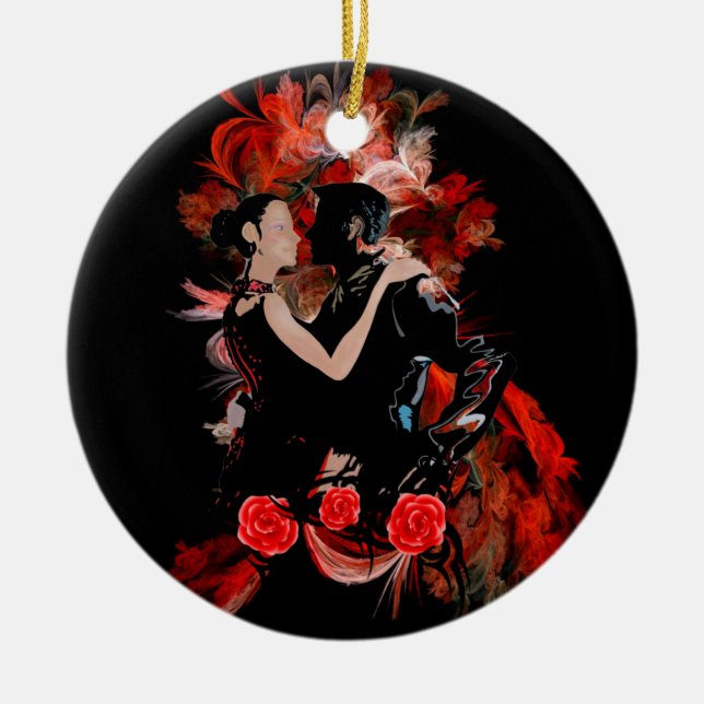 Adorno De Cerámica Bailarines románticos del tango en fractal rojo (Frente)