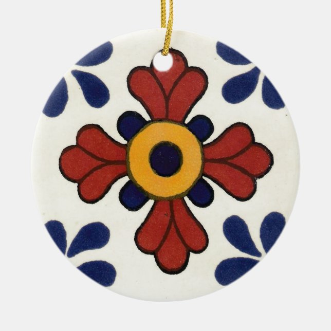 Adorno De Cerámica Baldosa talavera en rojo y azul (Frente)