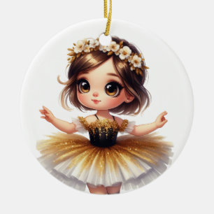 Adorno De Cerámica BALLEarina PEQUEÑA Y MONA CON TUTÚ NEGRO Y DORADO