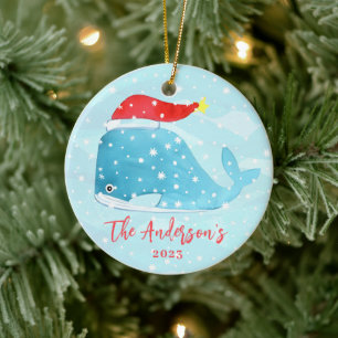 Adorno De Cerámica Ballena de acuarela con sombrero de Santa Navidad