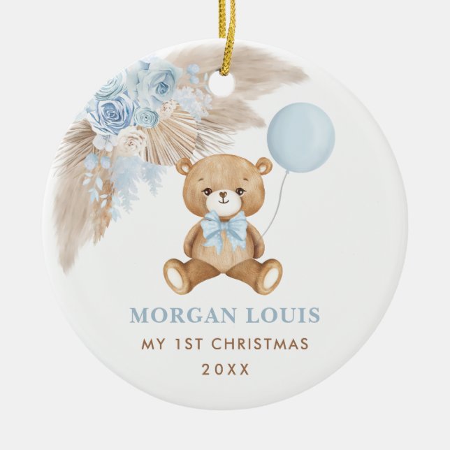 Adorno De Cerámica Balón azul Teddy Bear Bebé Primer Navidad (Frente)