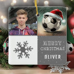Adorno De Cerámica Balón de fútbol con foto de copo de nieve de Santa<br><div class="desc">Bola de fútbol con adorno cerámico de foto de Santa Hat Snowflake. Fondo gris y blanco con una divertida pelota de fútbol con sombrero de Santa Claus rojo. Este adorno navideño es un regalo perfecto para niños y adolescentes. Una foto de un personalizado, un copo de nieve, y una bola...</div>
