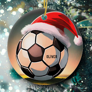 Adorno De Cerámica Balón de Fútbol con Sombrero Rojo de Santa Nombre