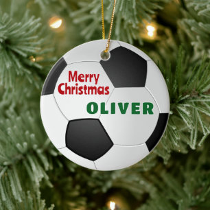 Adorno De Cerámica Balón de Fútbol Nombre Personalizado Feliz Navidad