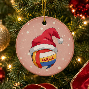 Adorno De Cerámica Balón de Voleibol con Sombrero Rojo de Santa Nombr