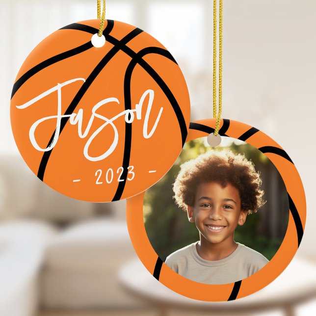 Adorno De Cerámica Baloncesto agrega foto personalizado (Basketball add custom photo ceramic ornament)