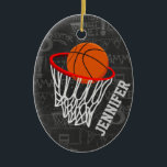 Adorno De Cerámica Baloncesto de Chalkboard y Hoop personalizados<br><div class="desc">Diseño personalizado de baloncesto y aros en un fondo de diseño de pizarra gris oscuro y claro con un patrón de términos de baloncesto. Sólo tiene que personalizar el nombre para añadir el nombre del hincha de baloncesto, jugador de baloncesto o entrenador de baloncesto. ¡Ideal también para los jugadores de...</div>