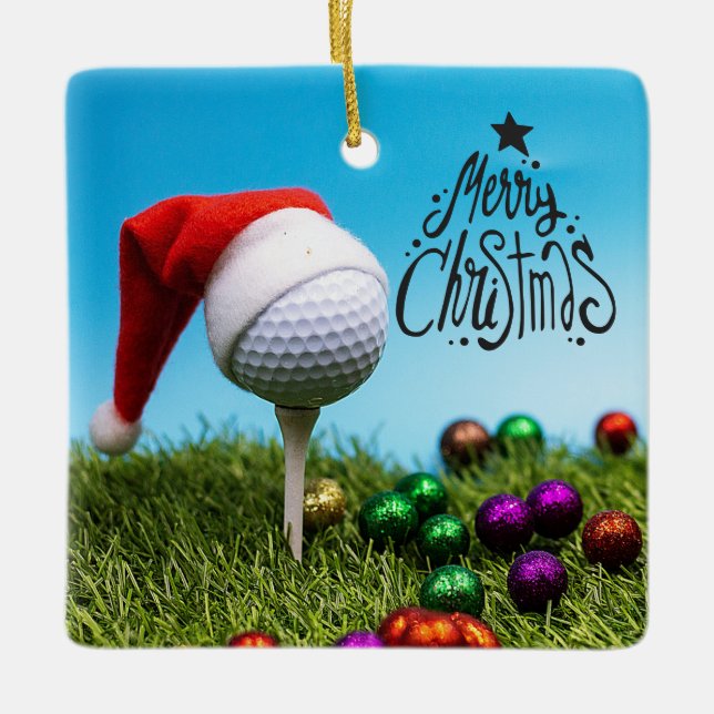 Adorno De Cerámica Baloncesto de golf con sombrero Santa para Navidad (Anverso)