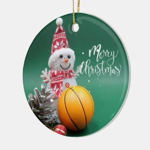 Adorno De Cerámica Baloncesto Feliz Navidad con Snowman en Green