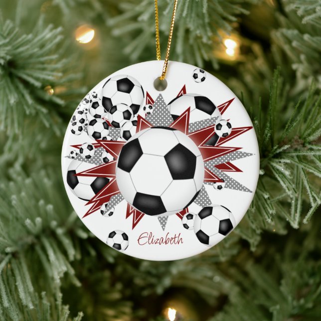 Adorno De Cerámica balones de fútbol estrellas grises maroon deportes (Árbol)