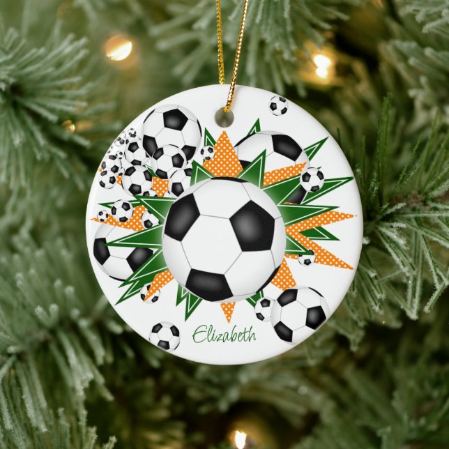 Adorno De Cerámica balones de fútbol naranja verde estrellas chicas d (Árbol)