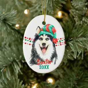 Adorno De Cerámica Bandas de cuerda navideña Husky Santa Hat