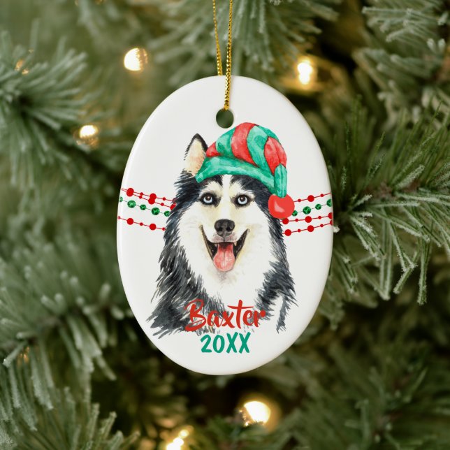 Adorno De Cerámica Bandas de cuerda navideña Husky Santa Hat (Árbol)