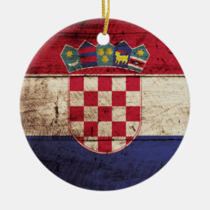 Adorno De Cerámica Bandera de Croacia en grano de madera viejo