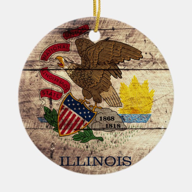 Adorno De Cerámica Bandera de Illinois de Madera Vieja; (Frente)