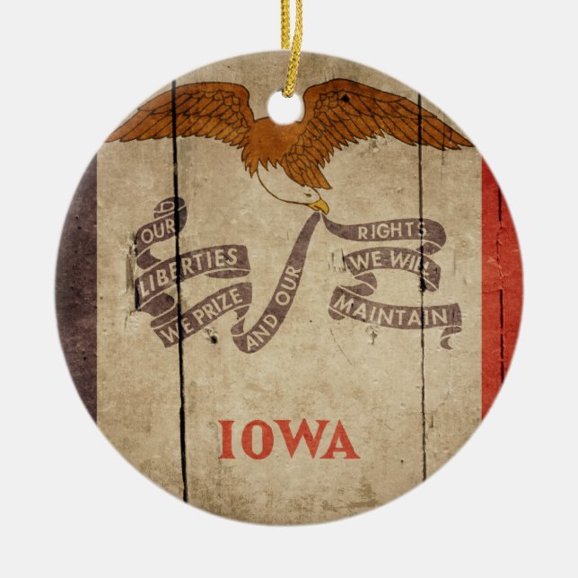 Adorno De Cerámica Bandera de Iowa de madera trabajada (Frente)