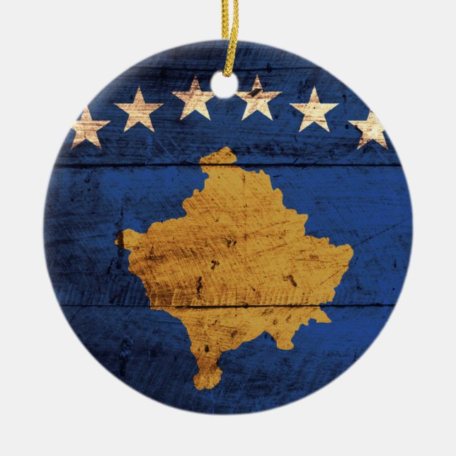 Adorno De Cerámica Bandera de Kosovo de madera antigua (Frente)