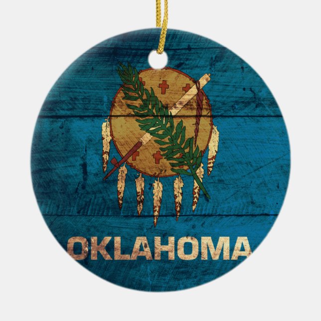 Adorno De Cerámica Bandera de Oklahoma de madera antigua; (Frente)
