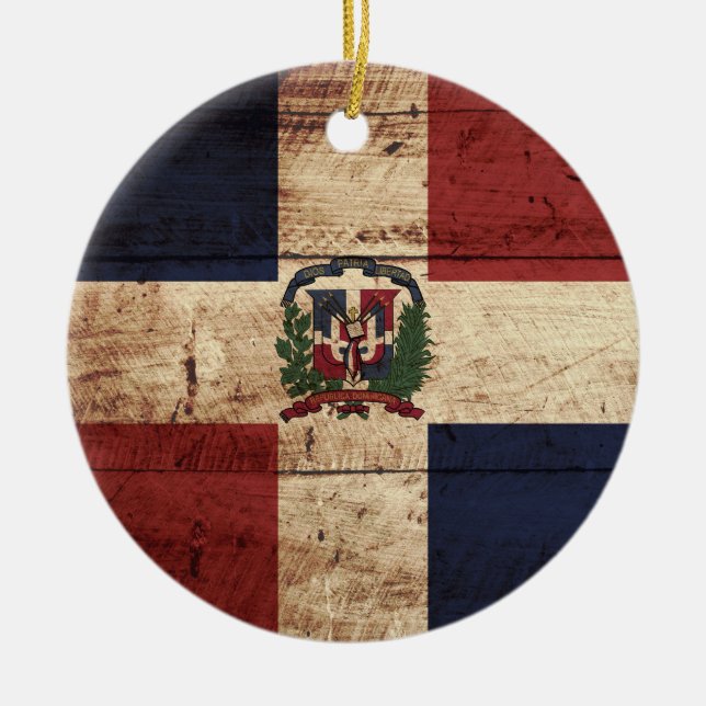 Adorno De Cerámica Bandera de República Dominicana en grano de madera (Frente)