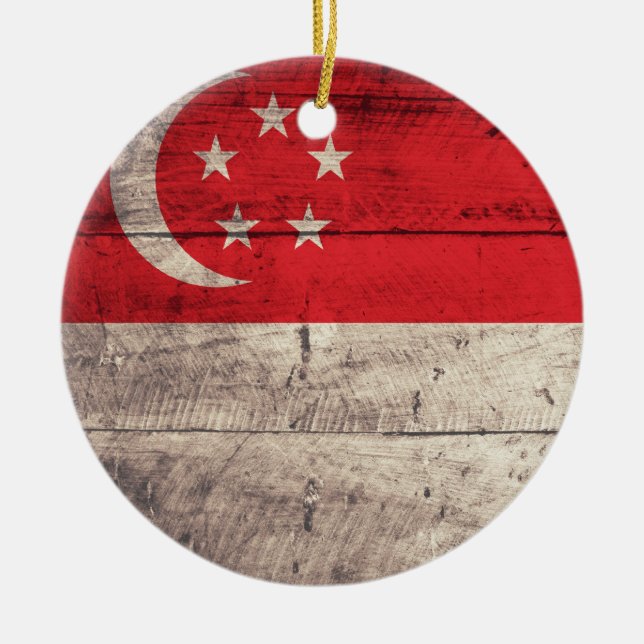 Adorno De Cerámica Bandera de Singapur de madera antigua (Frente)