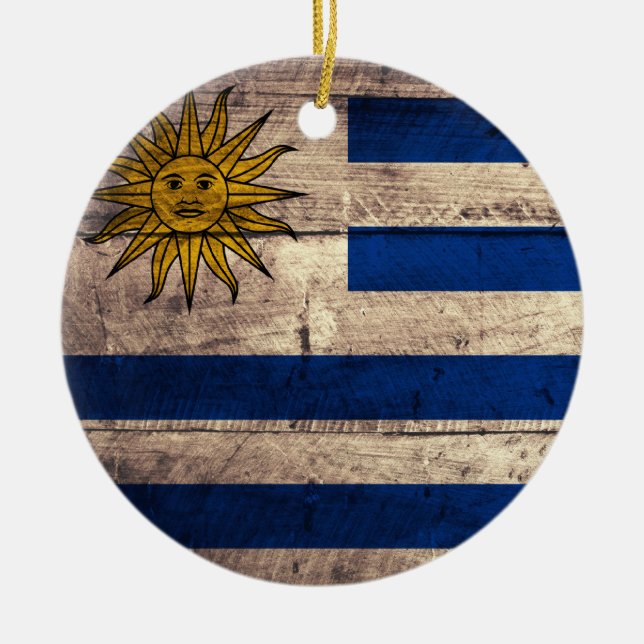 Adorno De Cerámica Bandera de Uruguay de madera antigua (Frente)