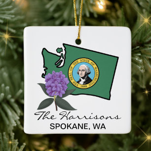 Adorno De Cerámica Bandera de Washington y Flor Pacífico Rododendros